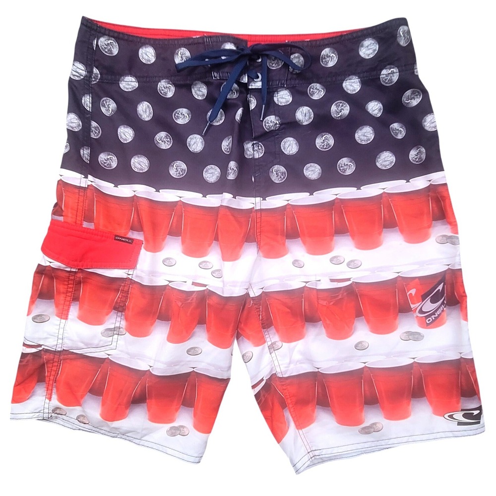 ONeill Mens Beer Pong Board Shorts Red Solo Cup Quarters Party Swim Trunks 34